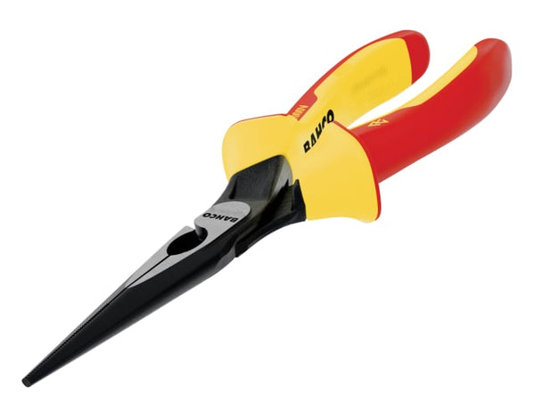 A 140mm pair of Bahco Ergo insulated long nose pliers with yellow and red handles.