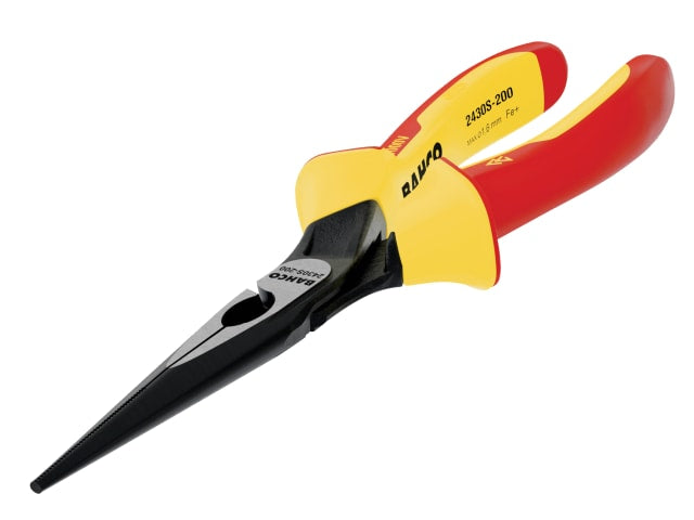 Heavy-duty 200mm Bahco Ergo insulated long nose pliers for demanding jobs.
