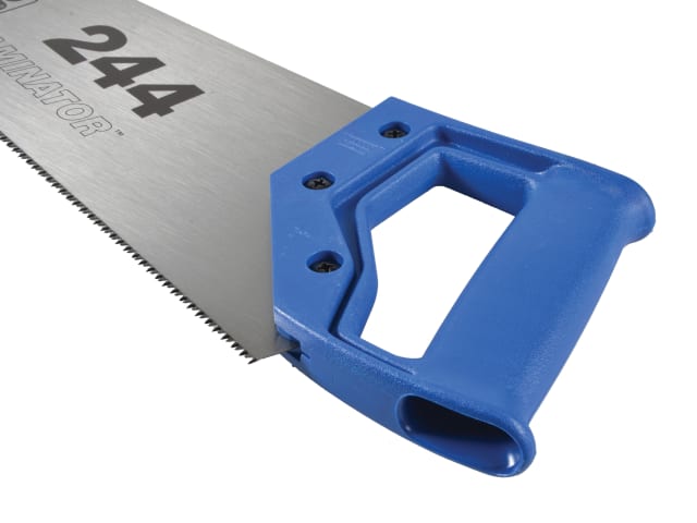 Detailed shot of the Bahco 244 laminator saw handle with 45 and 90-degree guides.