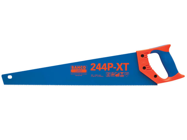 Detail of the XT toothing on the Bahco Blue XT handsaw for superior performance.