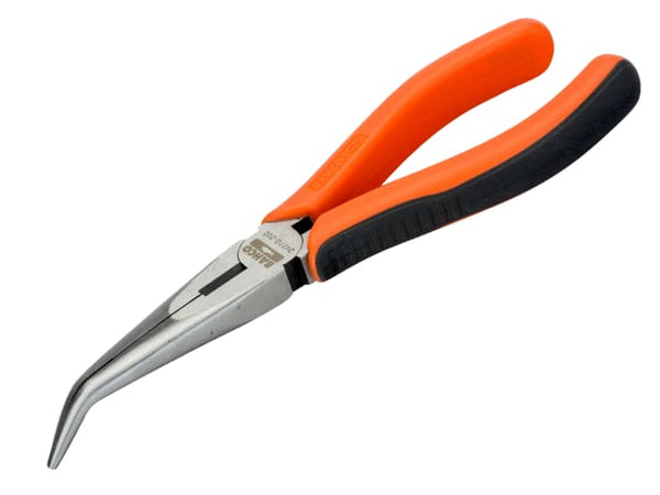 Bahco 2477G Ergo 200mm bent snipe nose pliers with orange and black handles.