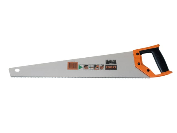 Bahco 2500-22-XT hardpoint handsaw with a 22-inch, 9 TPI blade for fast cutting.