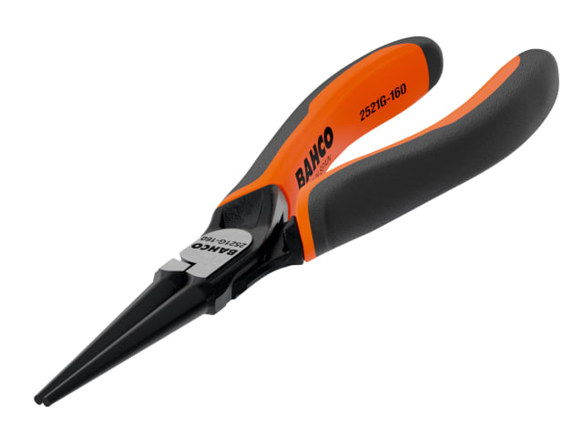 Bahco 2521G Ergo round nose pliers, 140mm, with orange and black comfort grips.