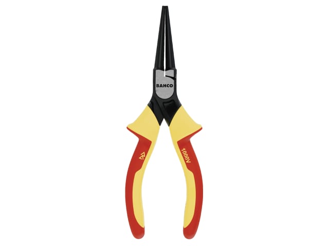 Angled view showing the full length of the 140mm Bahco insulated round nose pliers.
