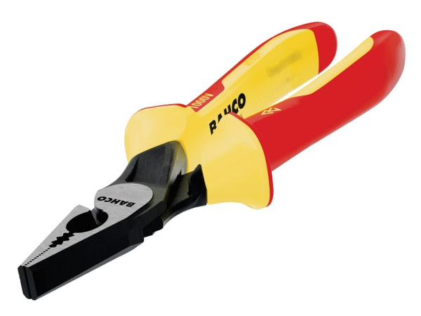 Bahco Ergo insulated combination pliers with red and yellow VDE-rated handles.