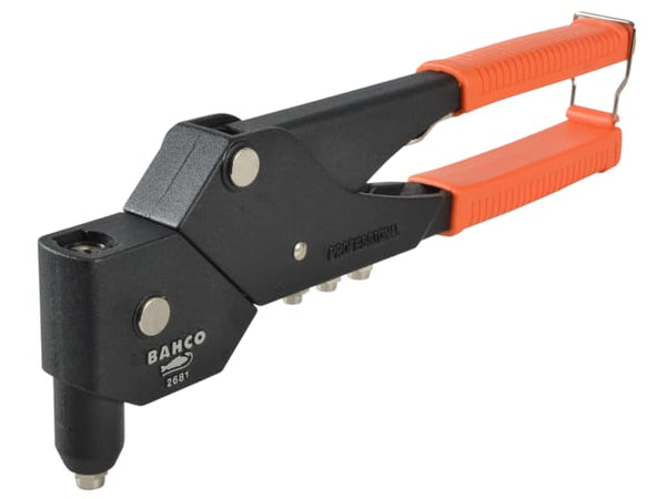A robust Bahco 2681 riveter tool with black handles and multiple nose pieces.