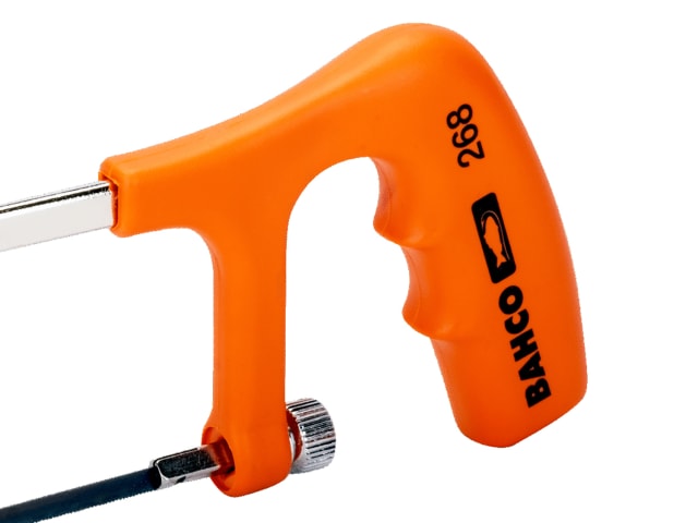 The Bahco 268 mini hacksaw being held to show its compact size and grip.
