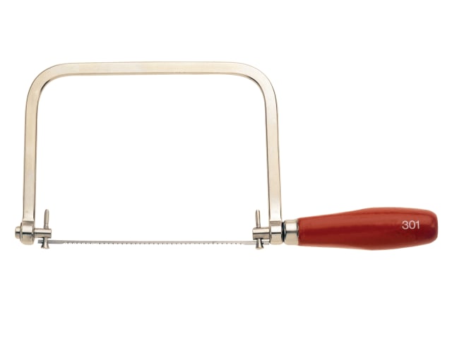 A Bahco 301 coping saw with a 6.5-inch, 14 TPI blade and a wooden handle.