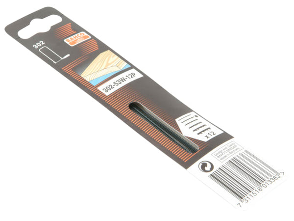 A pack of 12 Bahco 302-53W 130mm fret saw blades specifically for cutting wood.