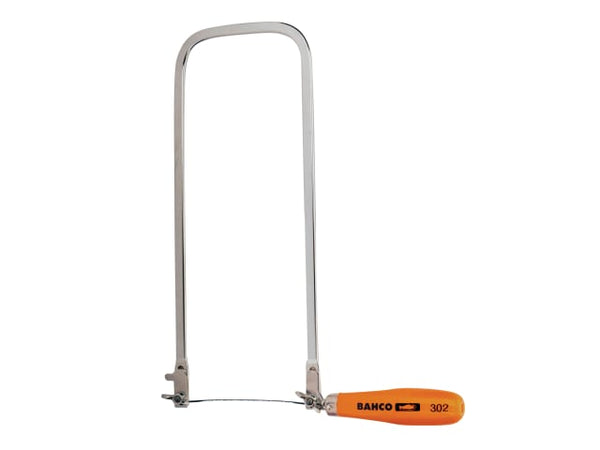 Bahco 302 fret saw with a deep 5-inch frame and a comfortable wooden handle.