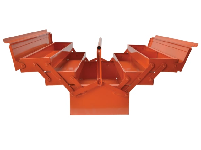 The orange Bahco metal cantilever tool box shown fully opened to reveal trays.