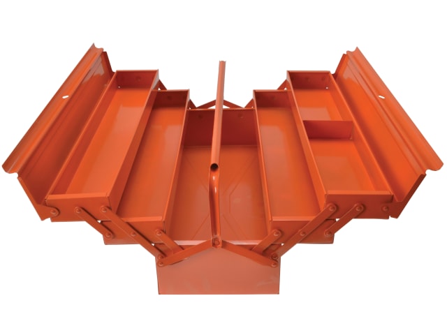 Top-down view of the opened Bahco cantilever tool box, displaying storage compartments.