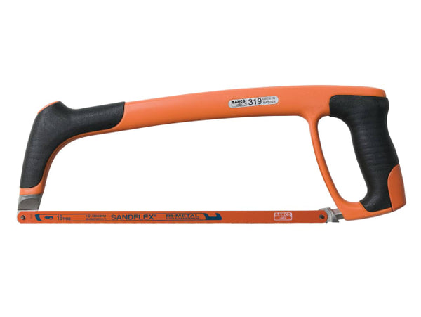 A Bahco 319 hacksaw frame with a comfortable handle and front grip.