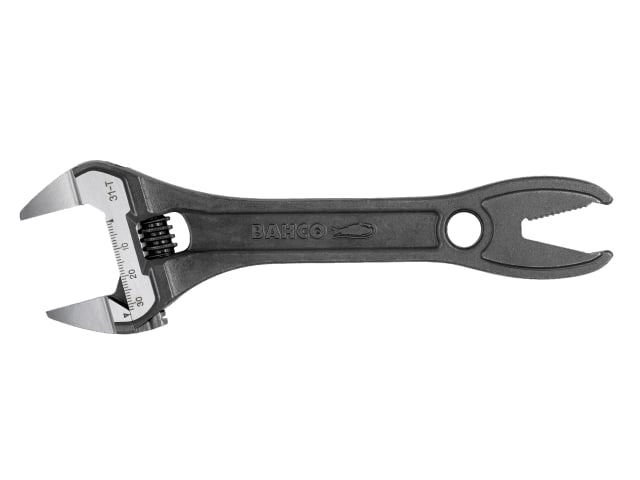 The Bahco 31T adjustable spanner shown gripping a round pipe securely.