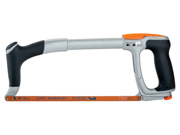 Front grip and blade mounting of the Bahco 325 Ergo hacksaw.