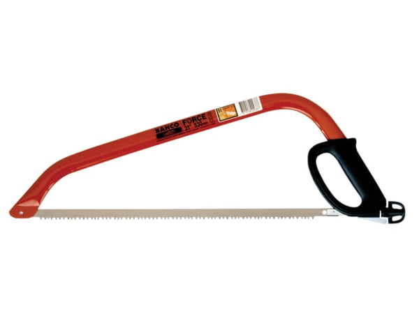 A Bahco 332-21-51 Ergo bowsaw with an orange frame and integrated knuckle protector.
