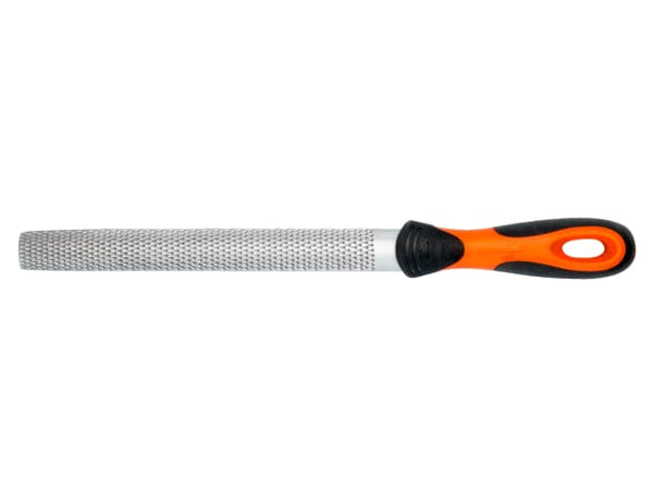 Detailed view of the teeth on the flat side of the Bahco Ergo half-round cabinet rasp.