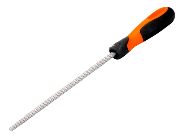 A Bahco Ergo round second cut cabinet rasp, 200mm, with a comfortable handle.
