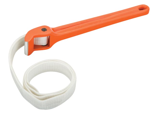 A Bahco 375-8 plastic strap wrench with a 300mm length, red handle, and durable black strap for non-marring work.