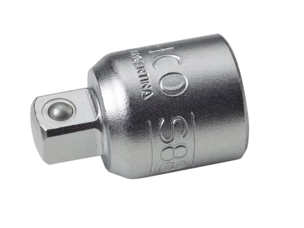 A Bahco 3/8-inch drive adaptor with a polished chrome finish, designed for versatile socket use.