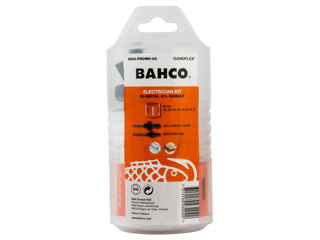 The complete Bahco 10-piece electricians' holesaw set with its branded case and packaging sleeve.
