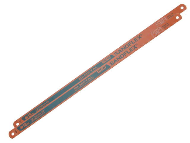 A 2-pack of Bahco 3906 Sandflex bi-metal hacksaw blades with 18 TPI for professional use.