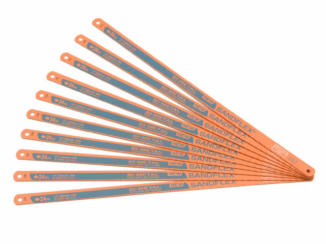 A 10-pack of Bahco 3906 Sandflex hacksaw blades, 24 TPI, perfect for cutting thin metals and tubes.