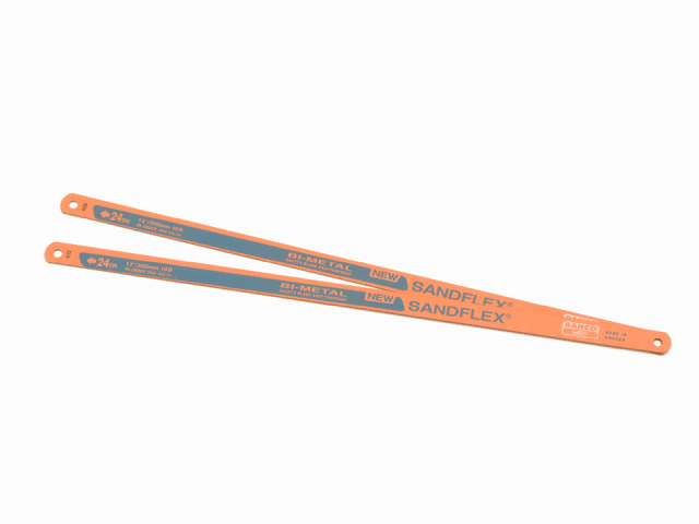 A 2-pack of Bahco 3906 Sandflex hacksaw blades with 24 TPI, perfect for cutting medium-thick metals.