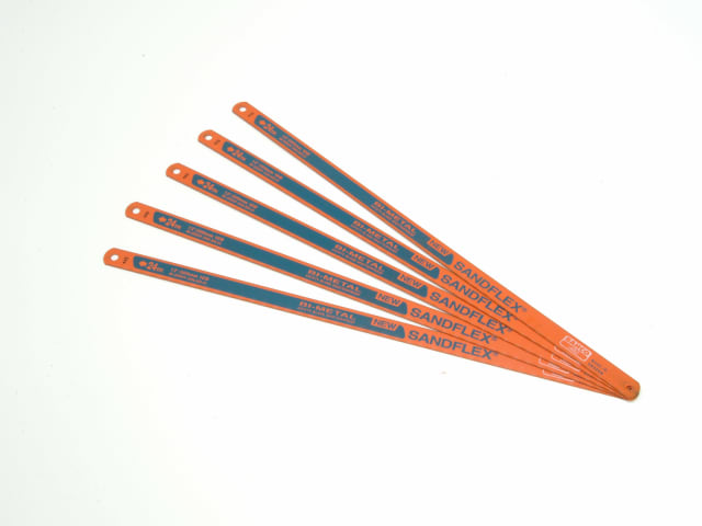 A 5-pack of durable Bahco 3906 Sandflex 24 TPI hacksaw blades for professional use.