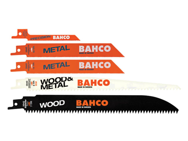 A 5-piece mixed set of Bahco sabre saw blades for various wood and metal cutting applications.