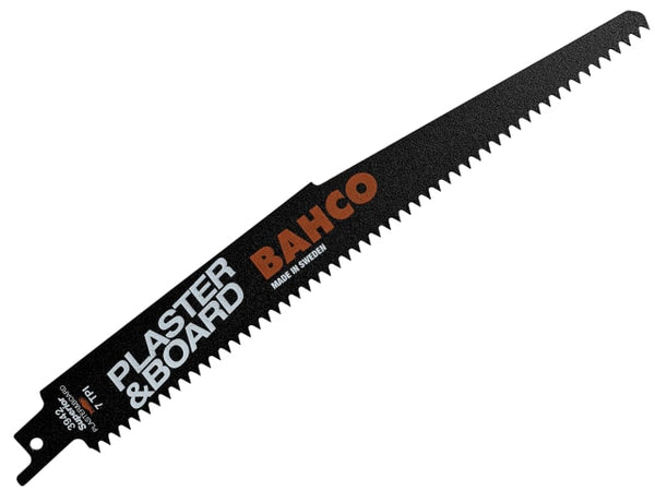 A Bahco 3942-PB reciprocating blade with specialized teeth for fast, clean cuts in plasterboard.