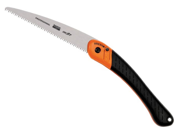 A Bahco 396-HP folding pruning saw with a black and orange handle and a safety locking mechanism.