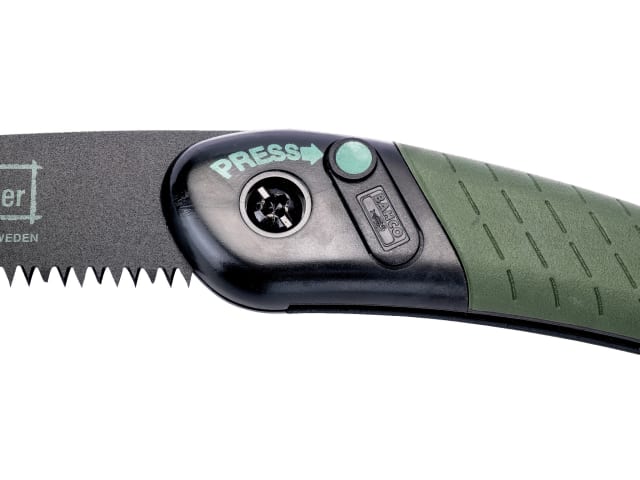 A close-up view of the hard-point teeth on the Bahco Laplander folding saw blade.