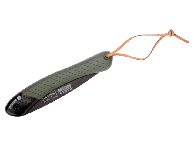 The Bahco Laplander saw shown folded, demonstrating its compact and portable design.