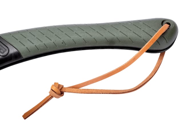 The Bahco Laplander saw held in hand, highlighting its secure grip and safety lock.