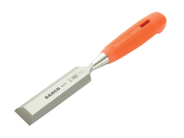 A Bahco 414 series 32mm bevel edge chisel shown with its protective blade cover.