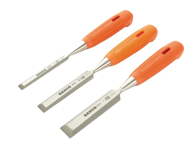 A 3-piece set of Bahco 414 series bevel edge chisels with red handles and protective caps.