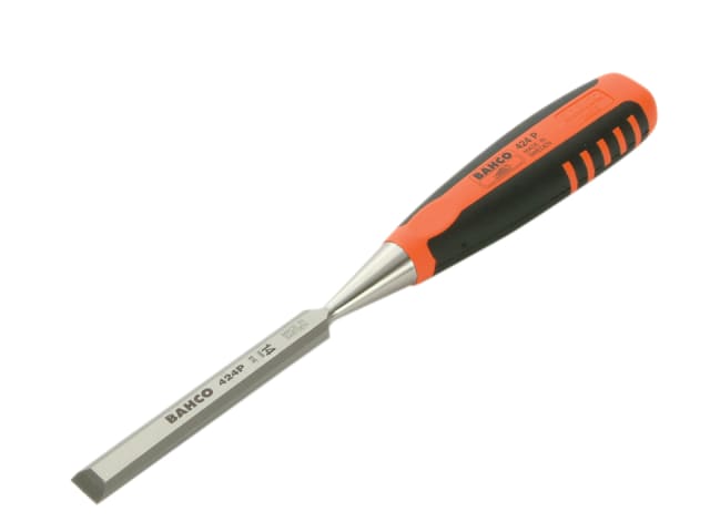A Bahco 424-P series 14mm bevel edge chisel with its protective blade cap on.
