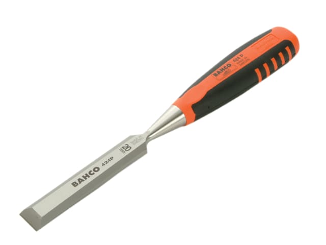 A Bahco 424-P series 20mm bevel edge chisel with its black and orange comfort handle.