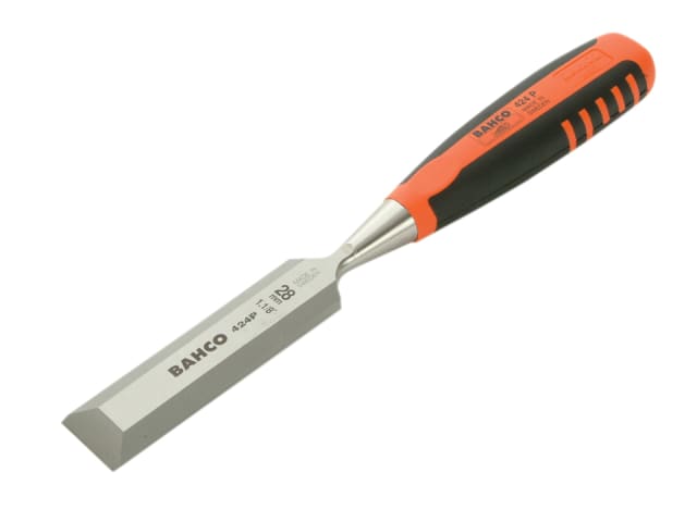 A Bahco 424-P series 28mm bevel edge chisel with its ergonomic handle and protective cap.