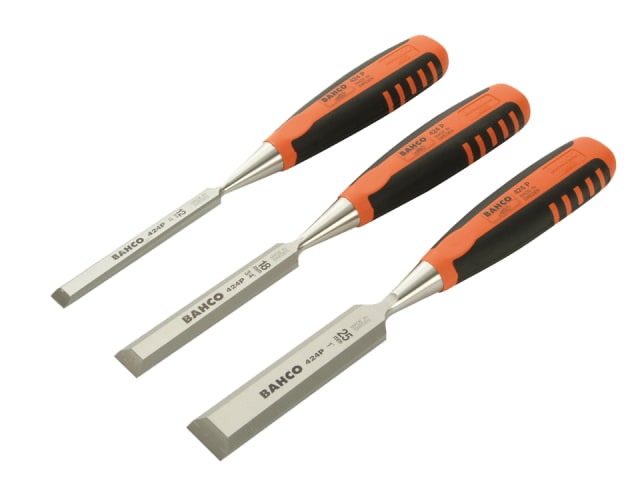 A 3-piece set of Bahco 424-P series chisels with black and orange comfort grip handles.