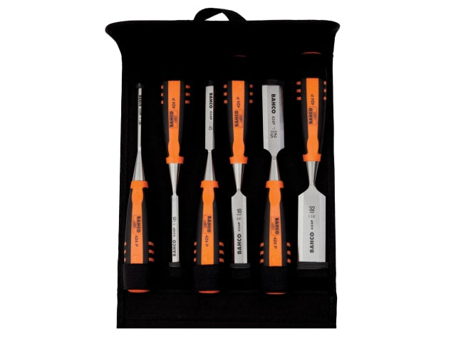 The Bahco 424-P series 6-piece chisel set displayed inside its organized black carrying case.