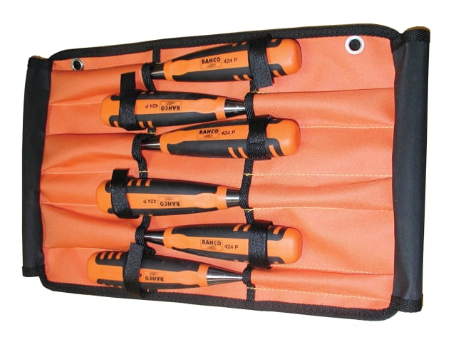 A Bahco 424-P series 6-piece chisel set presented in a convenient and protective tool roll.