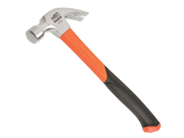 A 20oz Bahco 428 curved claw hammer featuring a black and orange fibreglass handle.