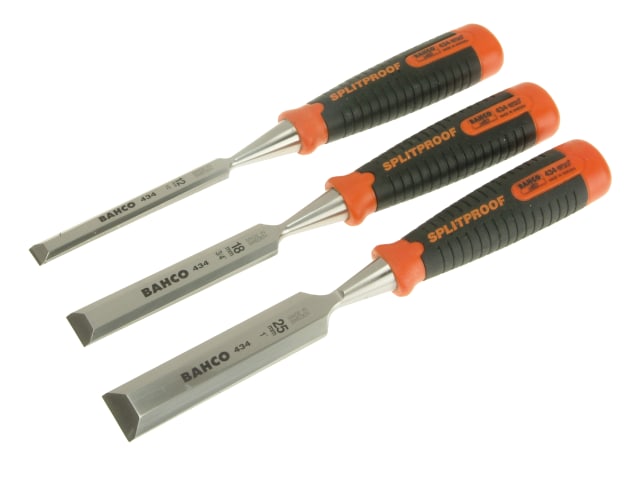 A 3-piece set of Bahco 434 series bevel edge chisels with ergonomic handles.