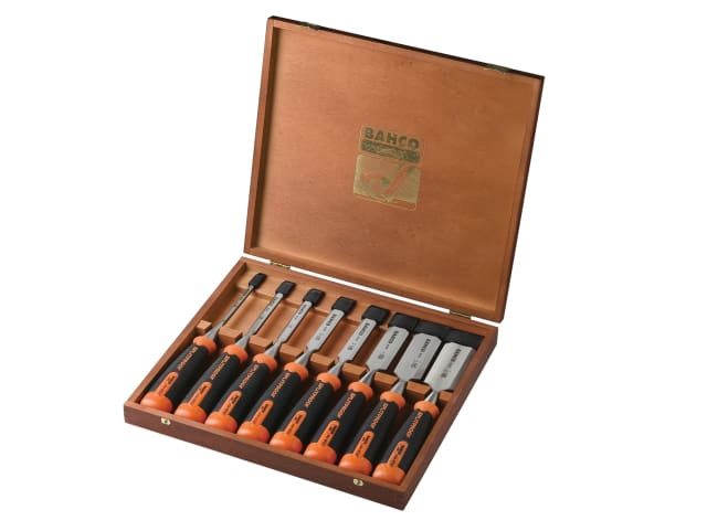 An 8-piece set of Bahco 434 series chisels, including a wide range of sizes.