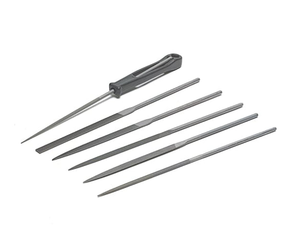 A Bahco 2-470-16-2-0 needle file set of 6, with smooth cut finish, in a plastic pouch.