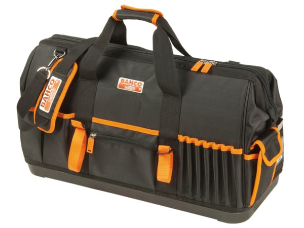 A Bahco 24-inch hard bottom tool bag with multiple pockets and a padded shoulder strap.