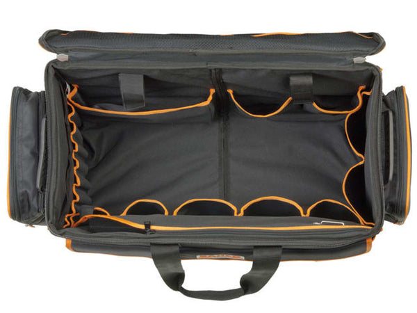 The Bahco rolling tool bag shown with its telescopic handle fully extended.