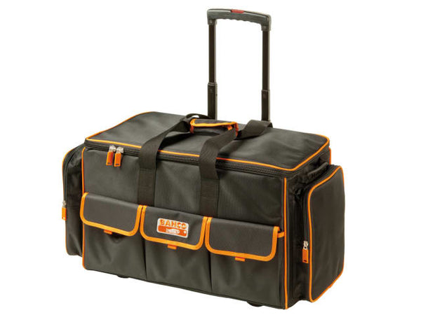 A Bahco 24-inch closed tool bag on wheels, with a telescopic handle for easy transport.